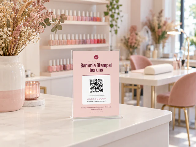 Symbolbild: QR-Aufsteller am Empfang eines Nagelstudios